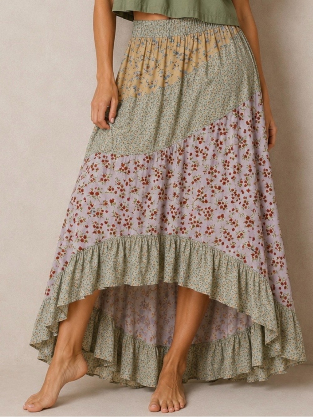 American Eagle Patchwork Floral High Low Maxi Skirt Boho Cottagecore Size Large
